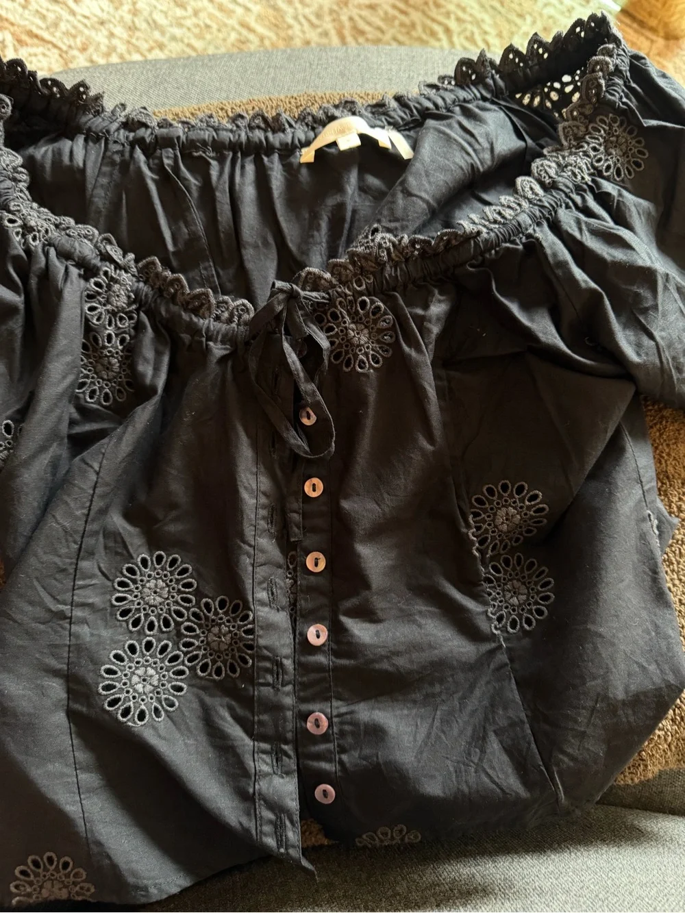 LoveShackFancy Eyelet Button-Front Puff Sleeve Top